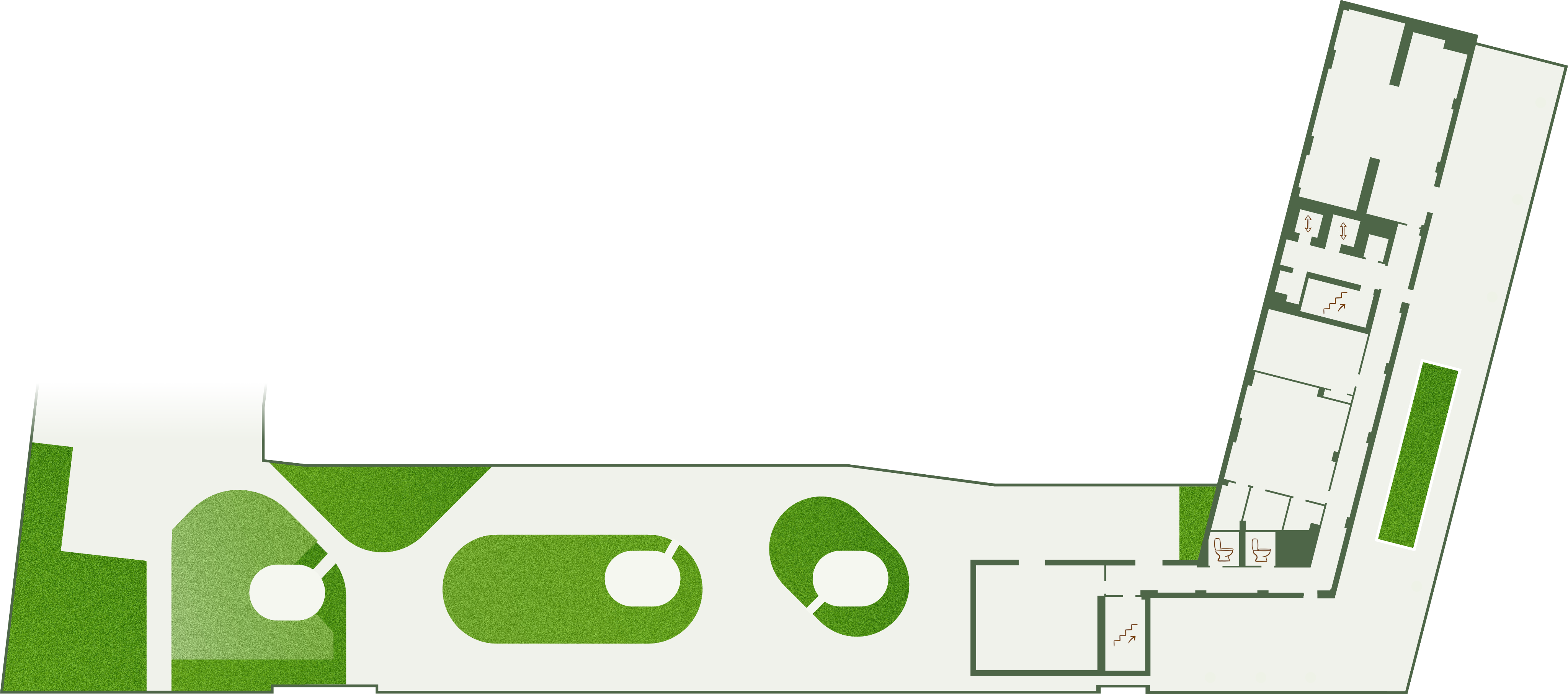 Illustrated floor plan of The Rooftop showing landscaped lawns, paths, and the rooftop building.